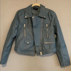 Blue Leather Biker Jacket with Asymmetrical Zipper and Fitted Style
